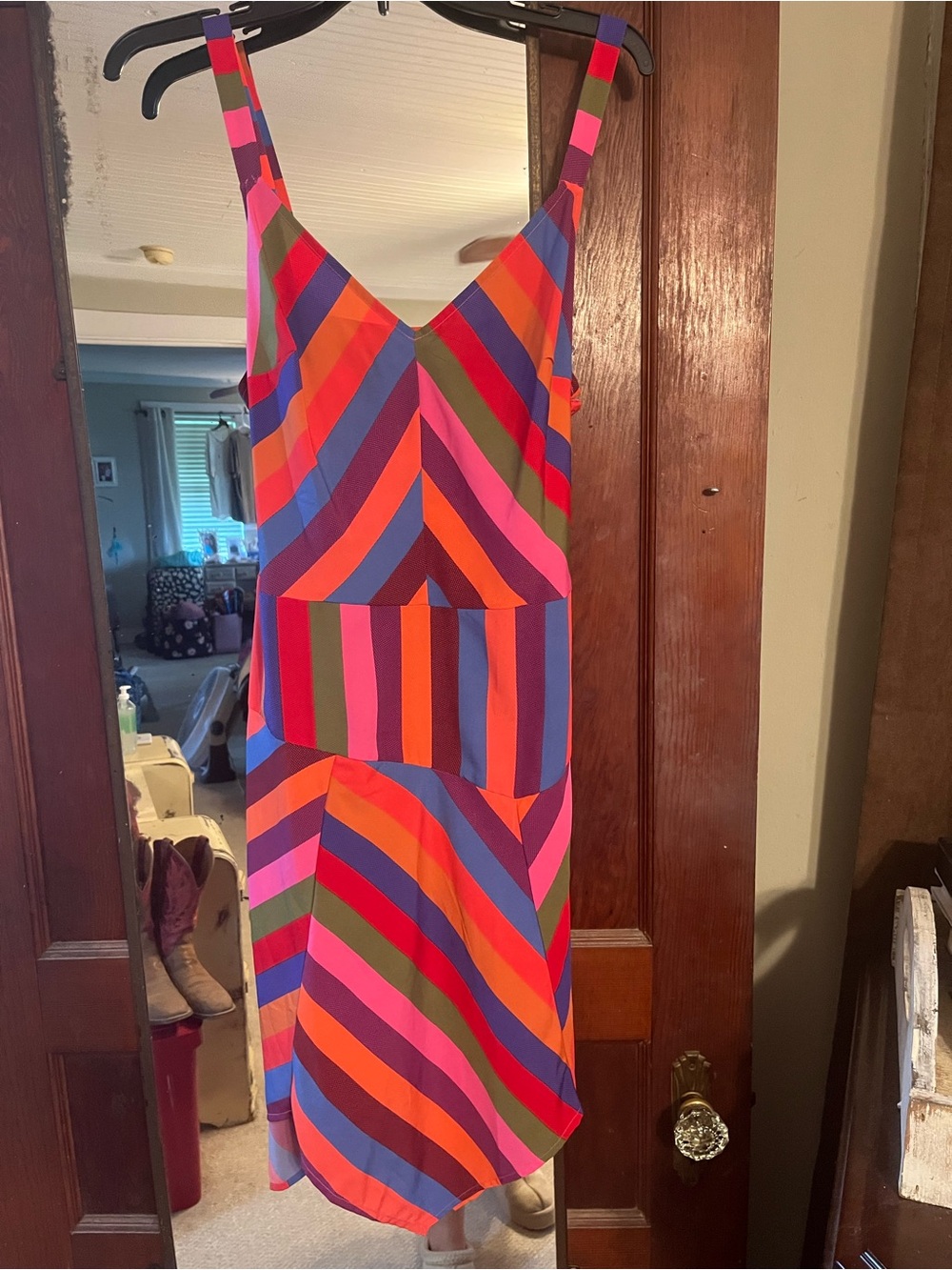 Women's Sleeveless Midi Dress in Bright Multi-Stripe